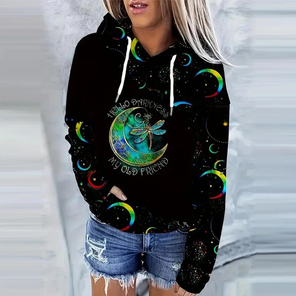 Moon Print Drawstring Hoodie Casual Long Sleeve Hooded Sweatshirt Women's Clothing