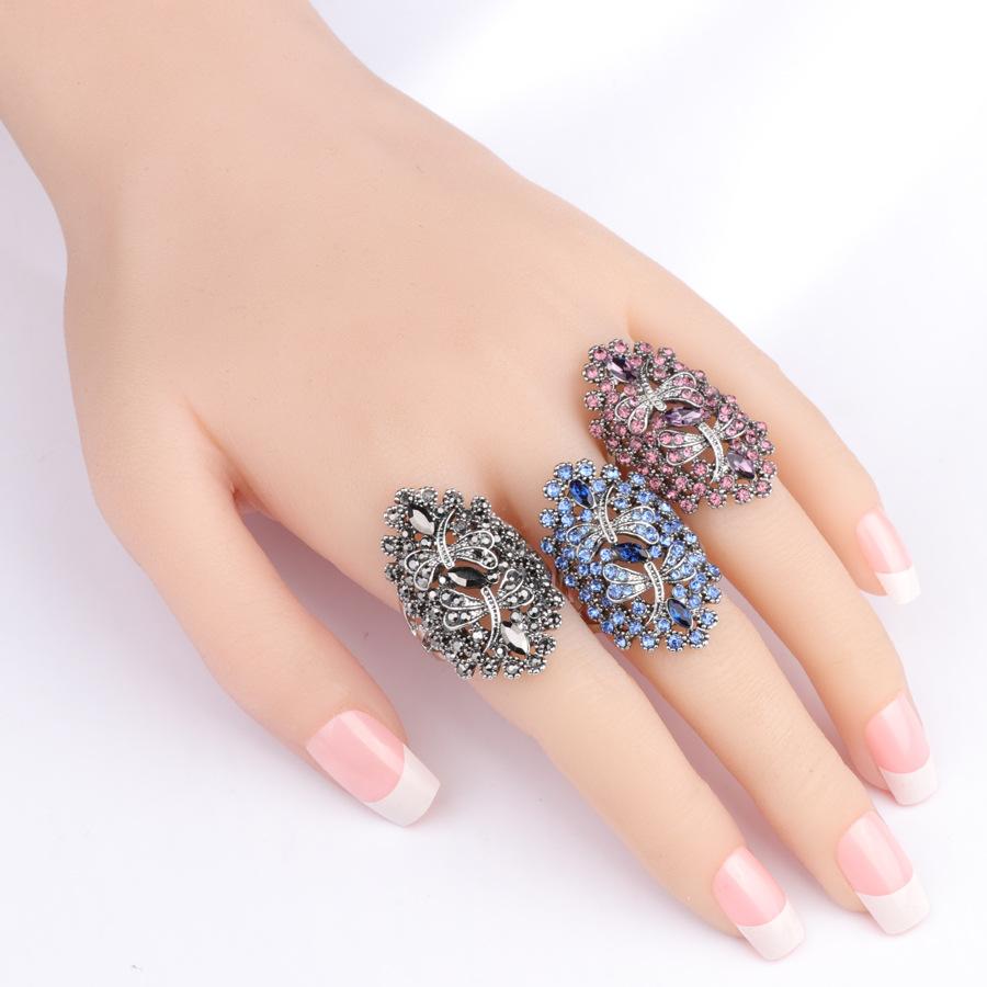 Винтаж Большой Полый Синий Горный хрусталь Стрекоза Кольца Женщины ...