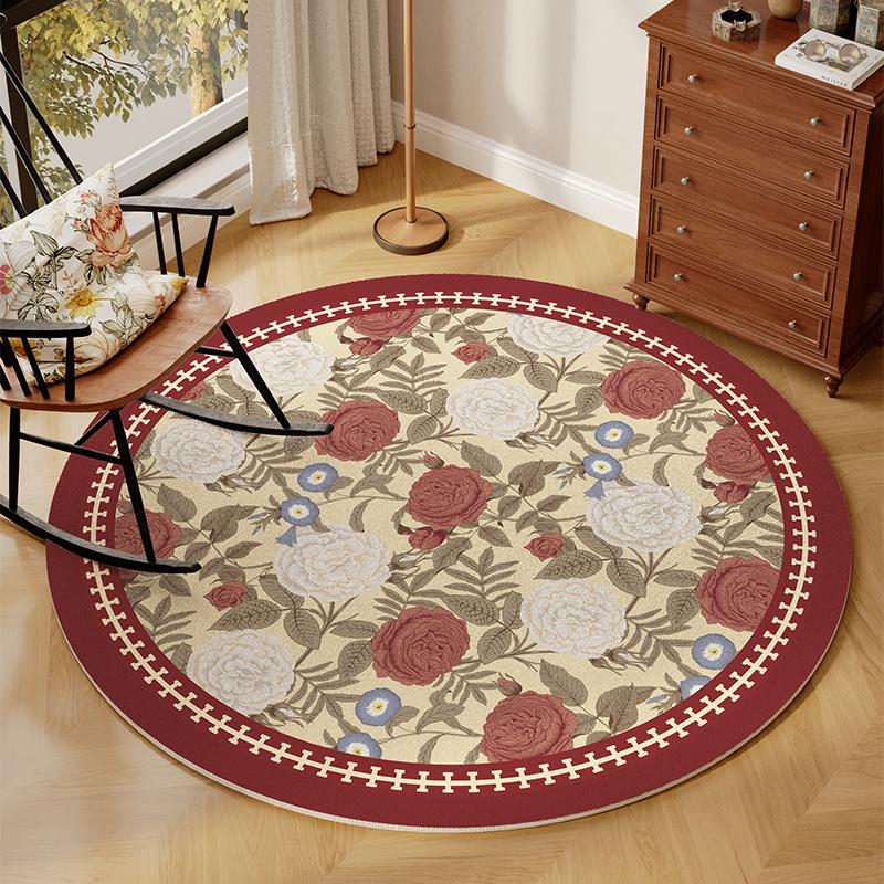 Floral Round Rug – Fluffy Soft Plush Carpet for Living Room, Bedroom & Study, American-Style Home Decor