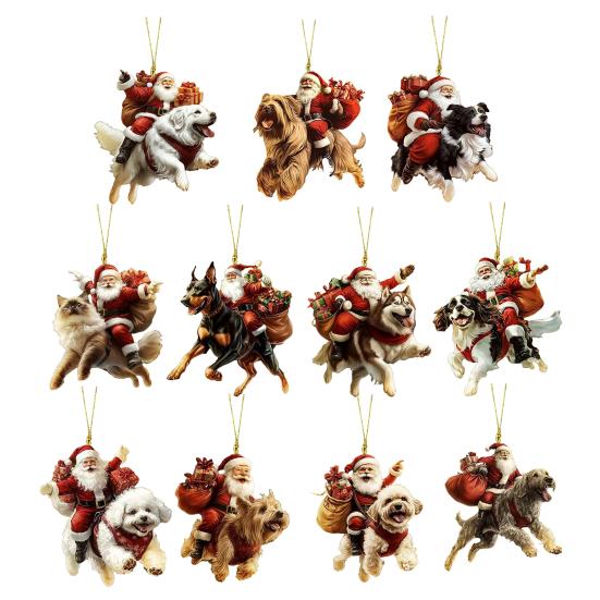 Santa Claus Dog Christmas Ornaments Funny Santa Claus Riding Puppy Ornaments 2D