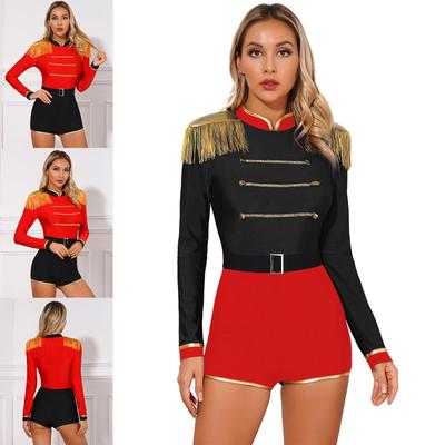 Adult Women Ringmaster Costume Jumpsuit Tassels Fringed Shoulder Long Sleeve Gymnastics Leotard Halloween Costume