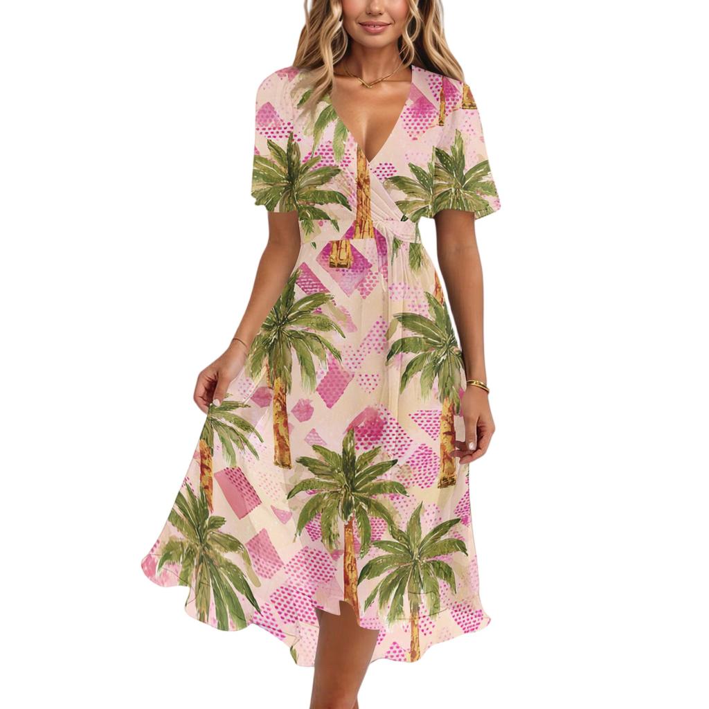 Women's Casual V Neck Short Sleeve Hawaiian Print Dress Summer Beach Midi Dress with Relaxed Fit and Lightweight Fabric for Daily Wear