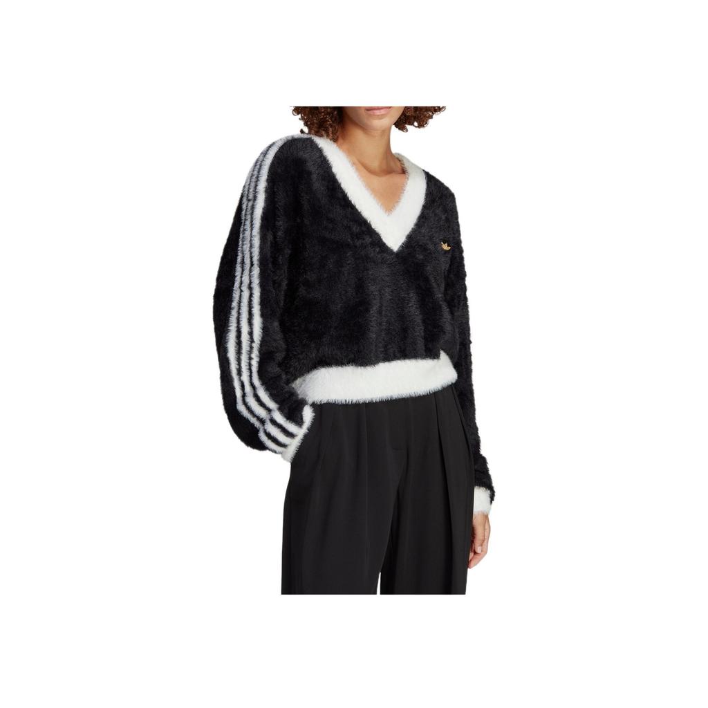 adidas Originals Logo V-Neck Pullover Long Sleeve Knit Sweater Women Sweater Black IC2029