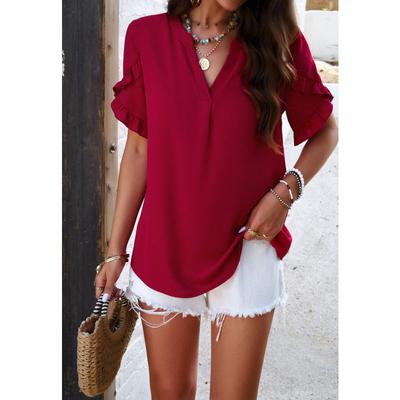 Primavera verão casual cor sólida com decote em v manga curta blusas elegantes