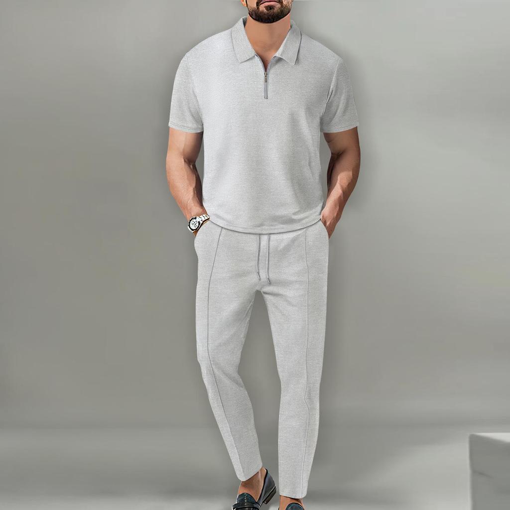 2024 Summer Youth Waffle Knit Zip-Up Top & Long Pants Two-Piece Set