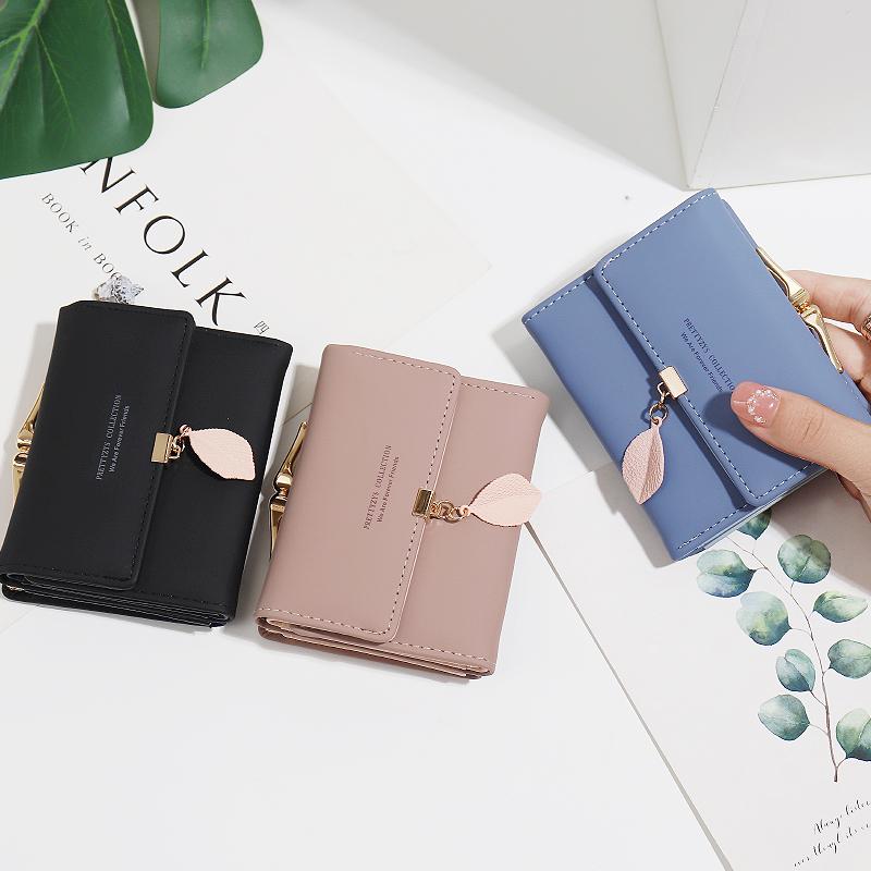 Affordable Luxury Women's Short Wallet Korean PU Leather Simple Everything with Solid Color Personality Leaf Pendant