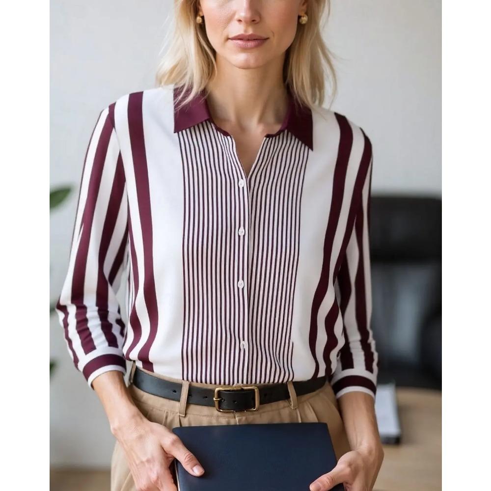 Autumn Women's Blouse Tops Color Block Striped Elegant Stylish Long Sleeve Shirt Collar Regular Tops Work Buttons Print Shirts