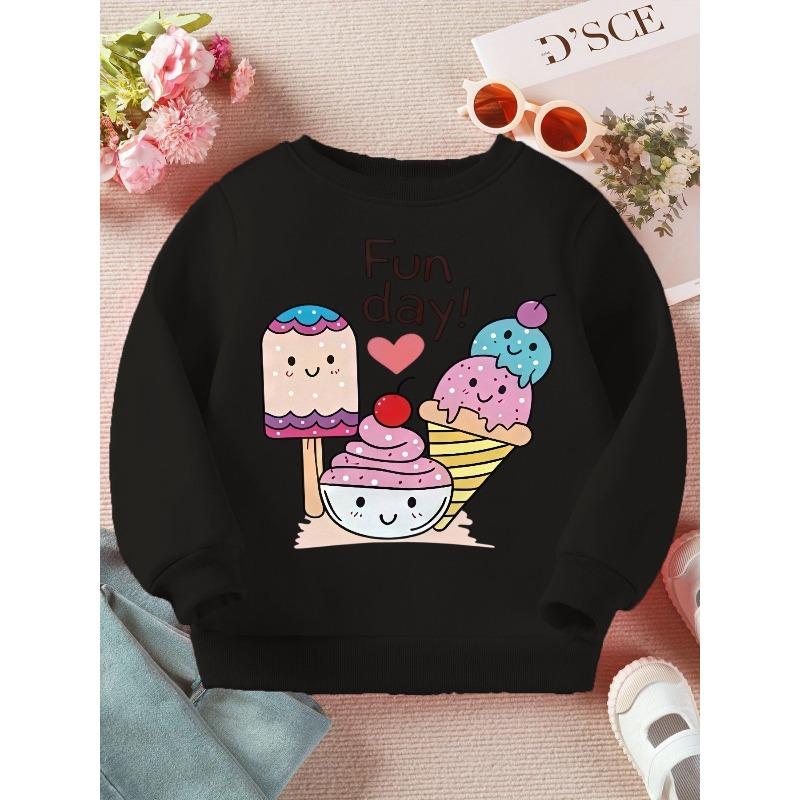 Kids Crewneck Sweatshirt, Cute Cartoon Ice Cream Print Long Sleeve Casual Top for Spring Autumn 110 чёрный