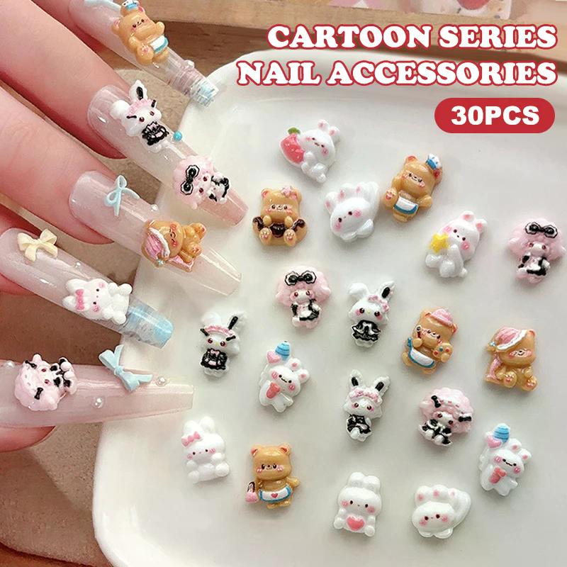 30Pcs Kawaii 3D Resin DIY Nail Charms - Cartoon Bunny Little Brown Bear Candy Color Decoration, Cute Manicure Accessories