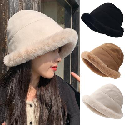 Winter Plush Lining Bucket Hat Women Windproof Suede Fisherman Cap Outdoor Warm Fleece Panama Hats Thick Coldproof Basin Cap Thicken Bob Fishing Cap