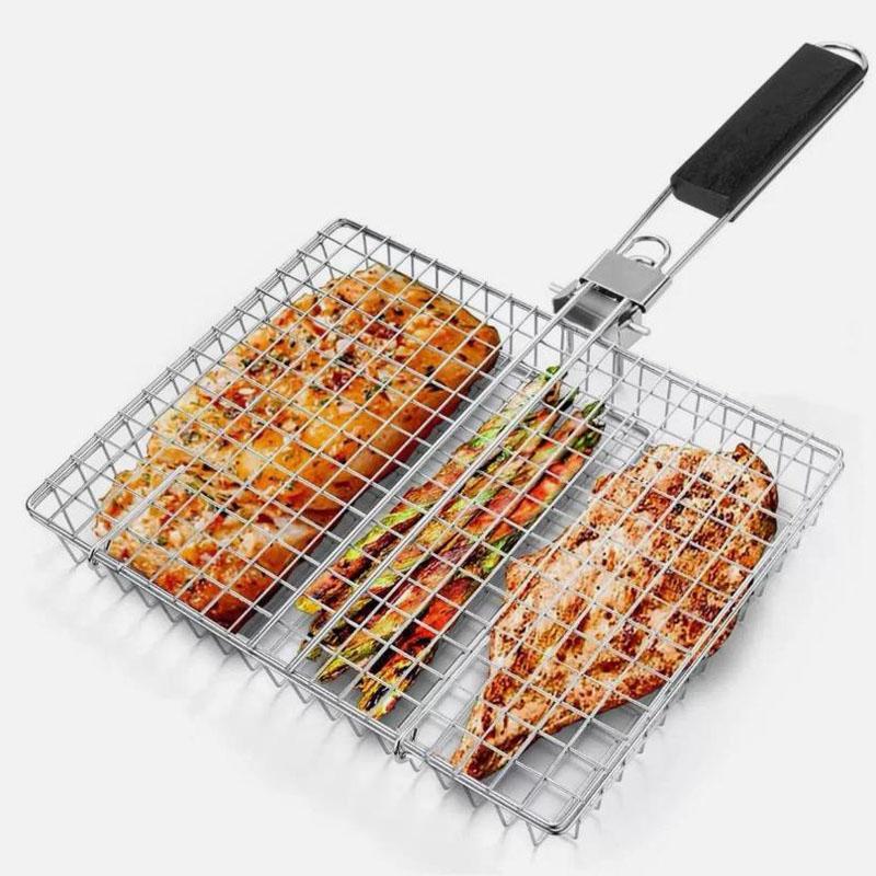 Large Capacity Flat BBQ Grill Basket Mesh Cage Grill With Secure Locking Handle