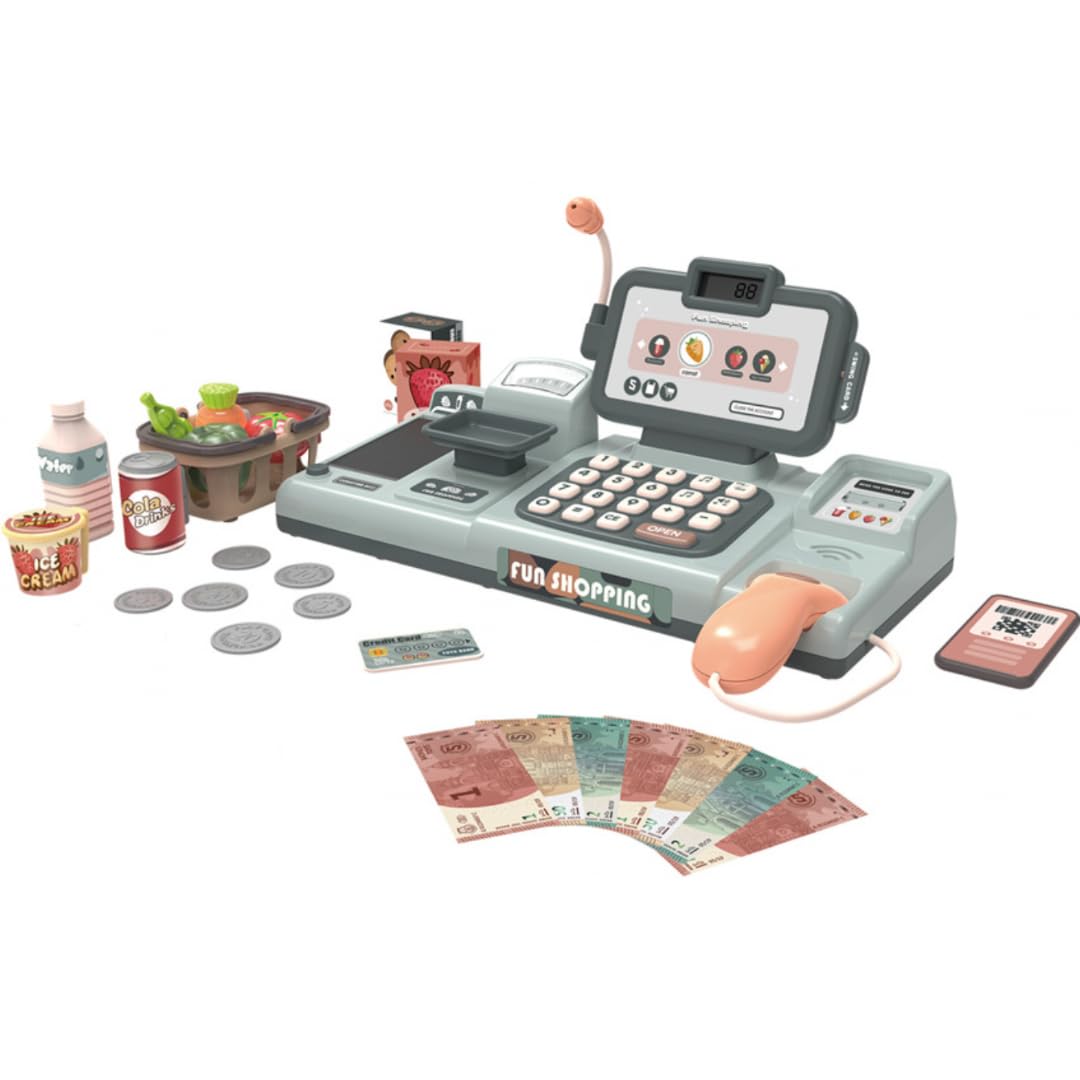 Cash register toy, refrigerator-type cashless payment compatible, educational toy (light blue)