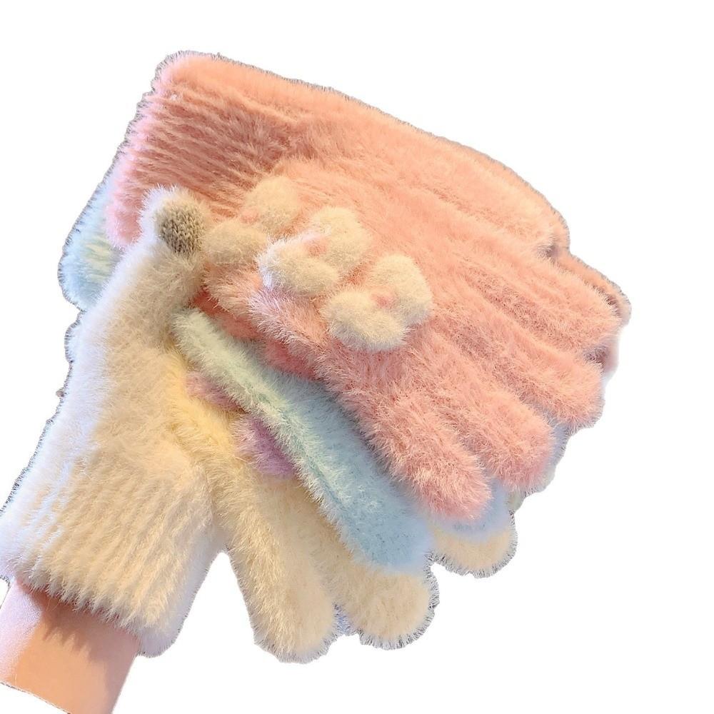 Fuzzy Bow Decorated Knitted Full Finger Gloves Polyester Warm Plush Gloves Cycling Use