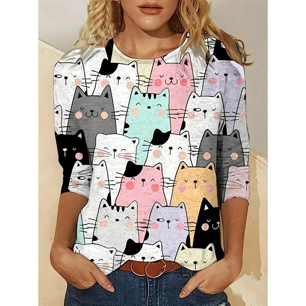 Fashion 3D cat print women's casual round neck long sleeved T-shirt