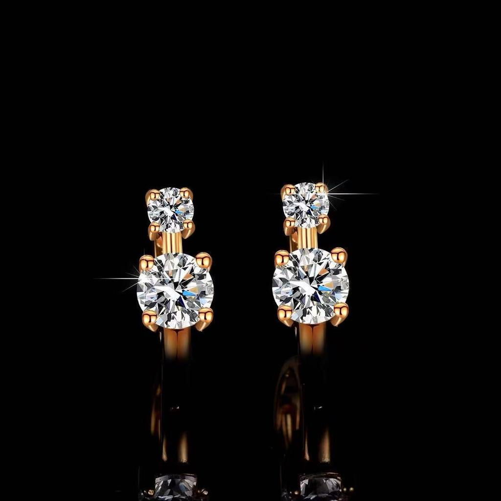 Genuine S925 Sterling Silver Double Diamond Moissanite Earrings Plated In 18K White Gold - Light Luxury Cold Style Hoops & Studs