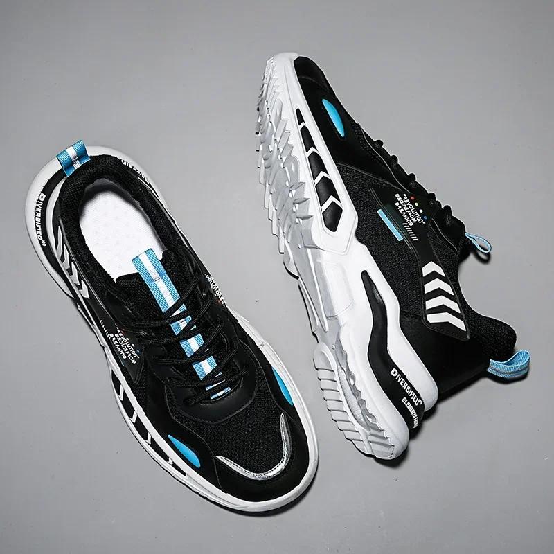 Men's Snekers Breathable Mesh Shoes Thick Sole Height Increasing Lace Up Anti Slip Comfort Trendy Sports Shoes Tenis Masculino