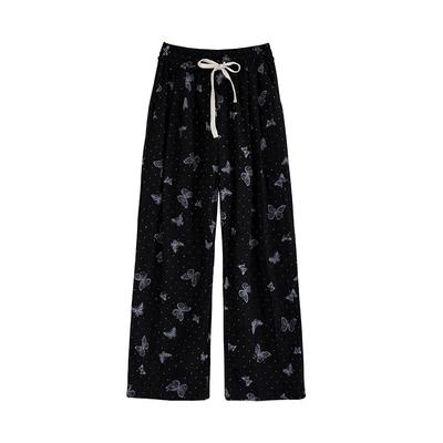 White Butterfly Printed Wide-leg Pants for Women In Summer Thin High Waist Drooping Lazy Hot Diamond Straight-leg Small Casual Pants