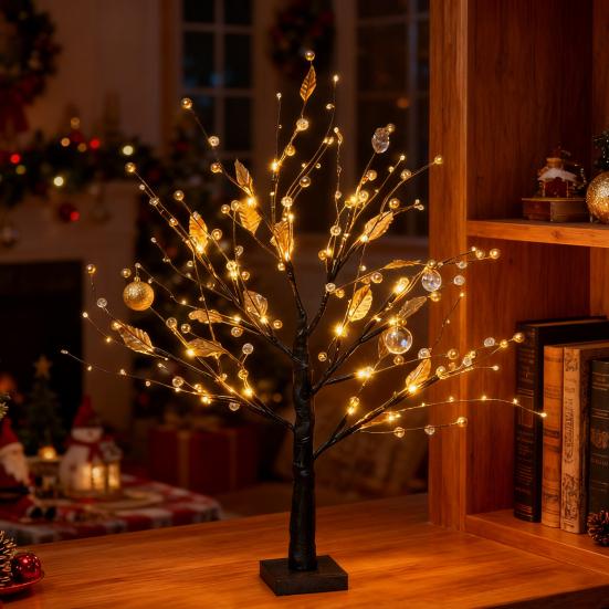 22" Berry Blossom Twinkling Tree with Lights 24 LED Lighted Branches Artificial Christmas Tabletop Bonsai Lamp for Living Room Bedroom Home Decor
