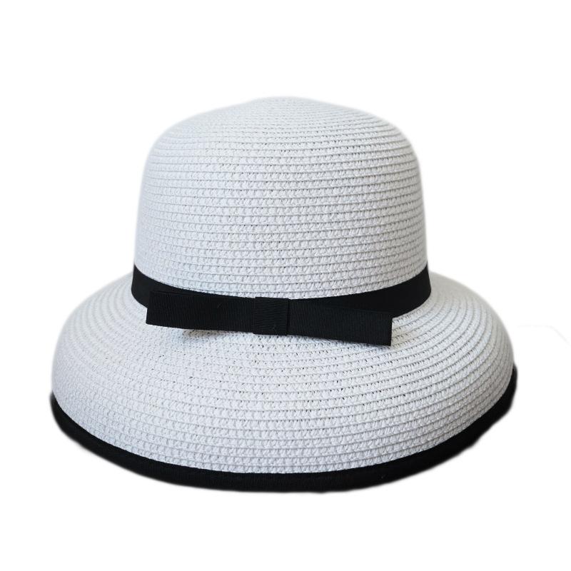 French Vintage Hepburn Elegant White Black Edge Bow Fisherman Bell Basin Hat Women'S Summer Vacation Beach Straw Hat
