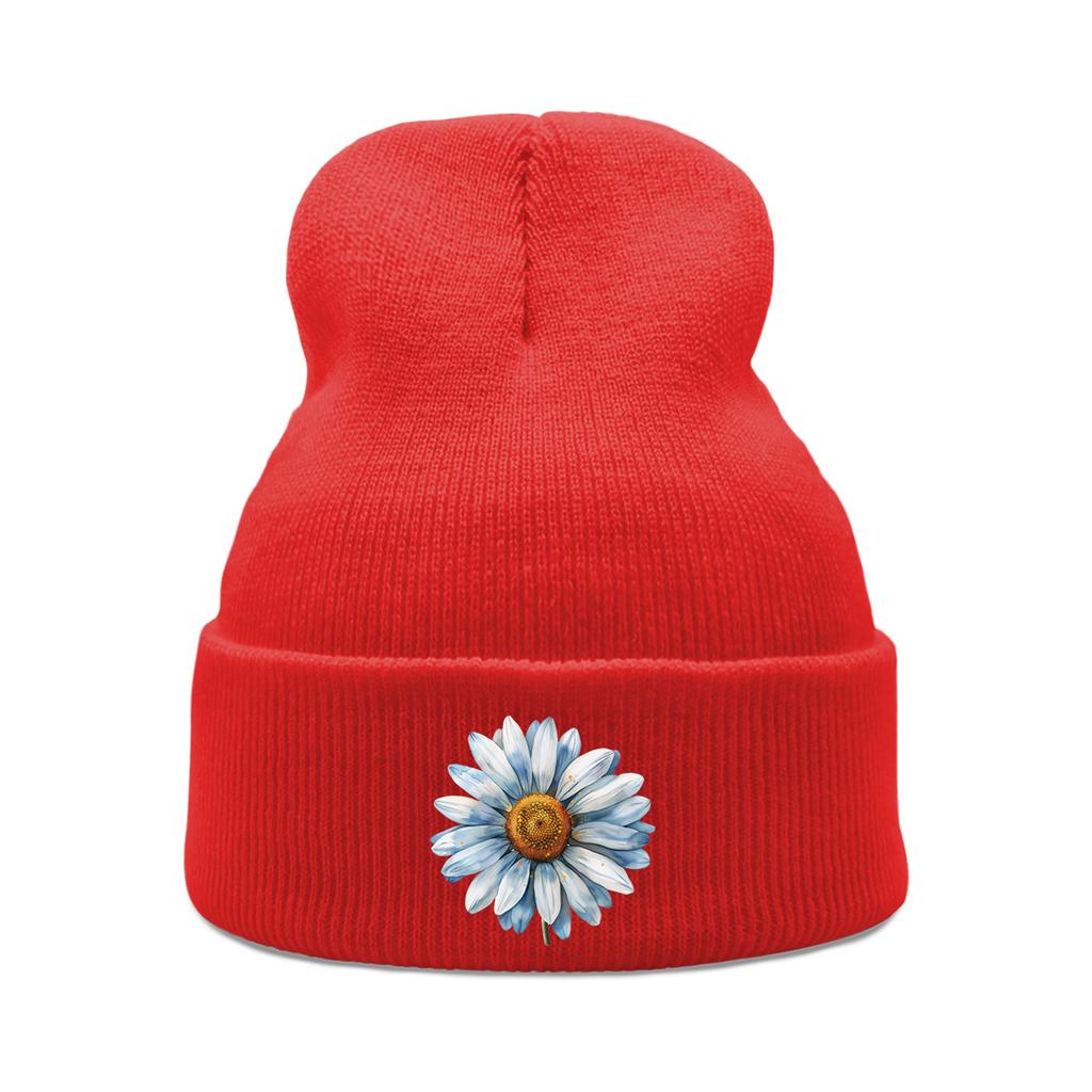 Blue Daisy Print Warm Winter Hats Unisex Knitted Hat Beanie Man Cap Stretchy Warm Knit Cap Beanie Ideal Choice For Gifts