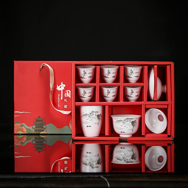 White Porcelain Ceramic Kung Fu Set for Home Use, Living Room Gaiwan Tea Cup, Gift Box with Custom Logo