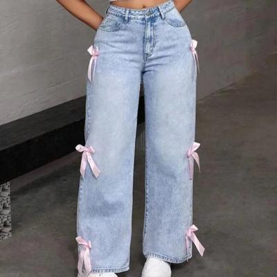 Women Casual Bowknot Decor Jeans Y2k Blue Baggy Denim Trousers Loose Straight Sweet Coquette Aesthetic Washed Jeans