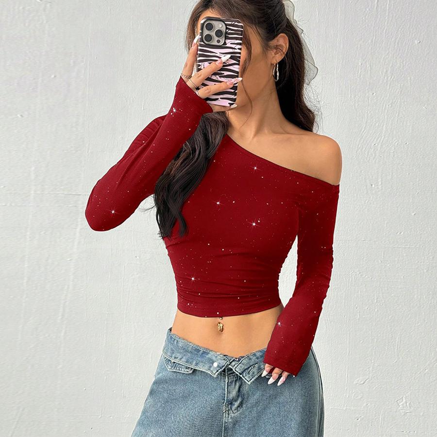 Rocker Studded Shoulder Strap Long Sleeve T-Shirt Women Spring Imported Ins Slim Knit Cami Top