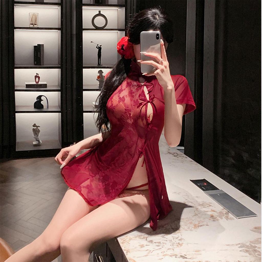 Plus Size Sheer Temptation: New Chinese Qipao High-Slit Open Back Lingerie