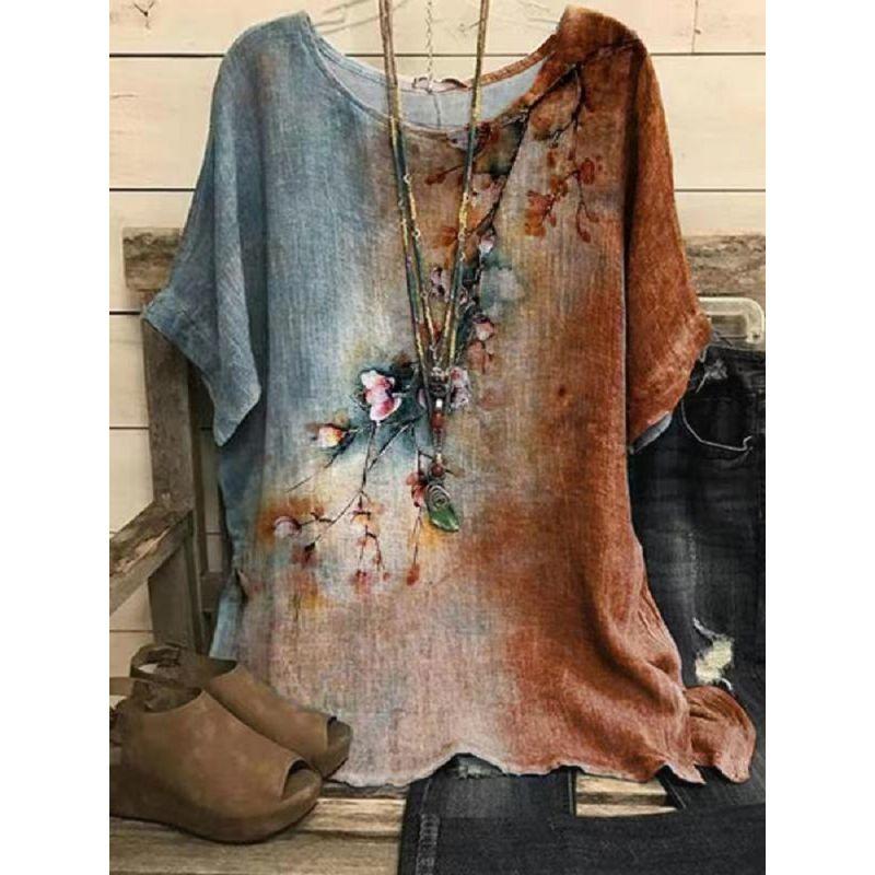 Printed round Neck Neck Casual Loose Top Print round Neck Top Women