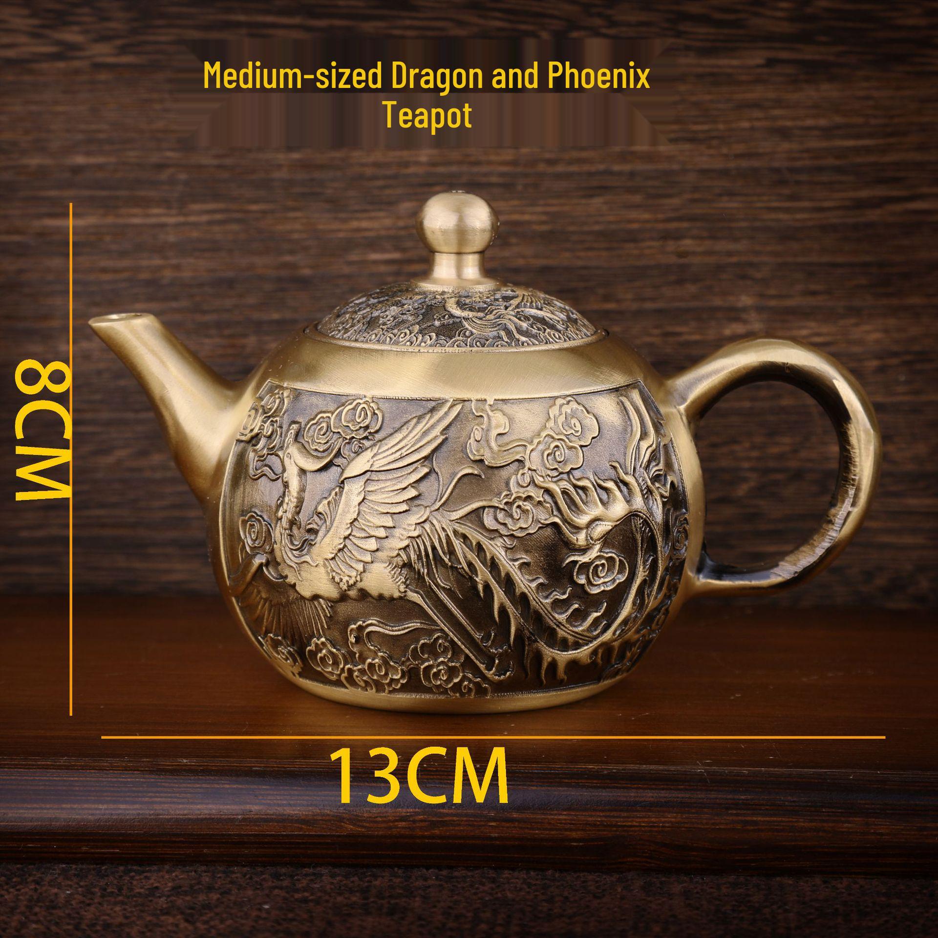 Brass Four Mythical Beasts Teapot Set: Dragon & Phoenix, Landscape, Fu Yun, Fisherman, Hundred Blessings