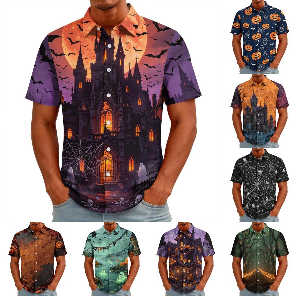 Men's Halloween Print Vintage Button Down Cardigan Shirt - Loose Fit Breathable Summer Casual Streetwear Top