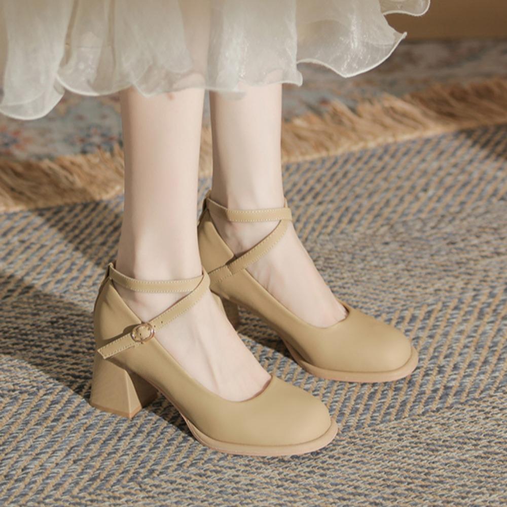 High Heels for Women 2025 New Cross Buckle Strap High Heels Thick Heel Retro Single Shoes French Mary Jane Shoes Women's pumps