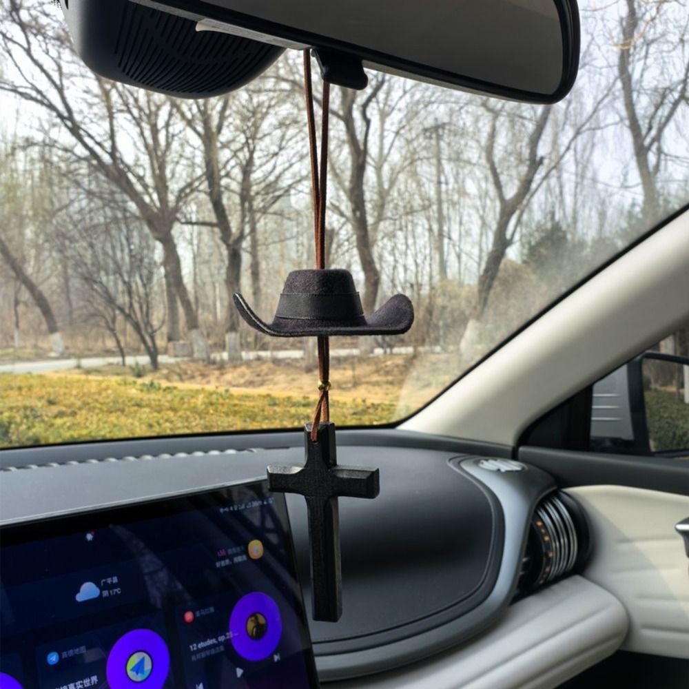 Love Cross Car Ornament Cowboy Hat Rearview Mirror Decoration Fashionable Accessories