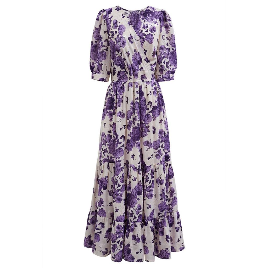 New Spring Summer French Dress, Women's Floral Print V-neck Waist Cinched Dress for European American