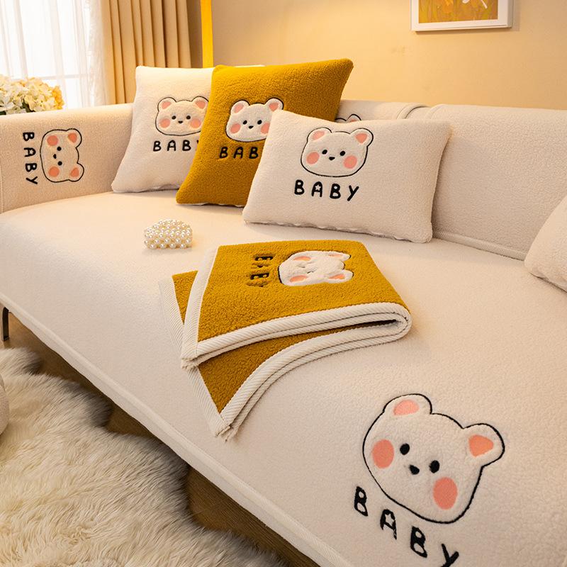 Winter Lammwolle Sofa Handtuch Modern Cartoon Bär Verdicken Plüsch Weich Und Glatt Sofabezüge Für Wohnzimmer Rutschfester Couchbezug