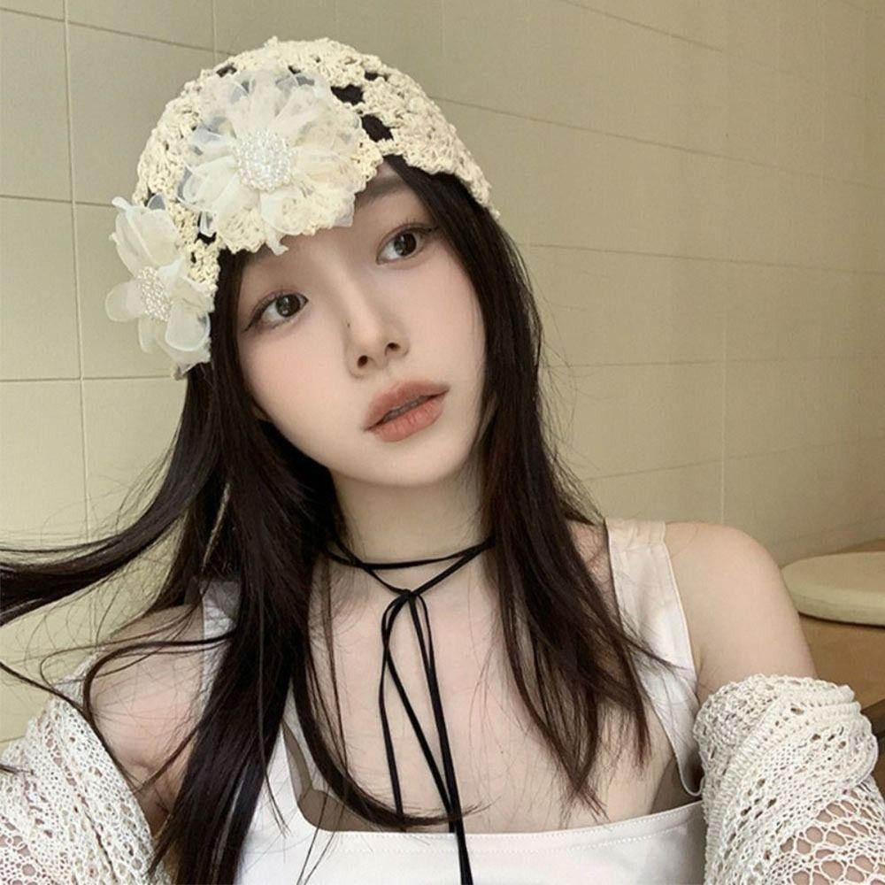 Flowers Beret Cap Lace Skullies Hat Breathable Knitted Hat  for Women