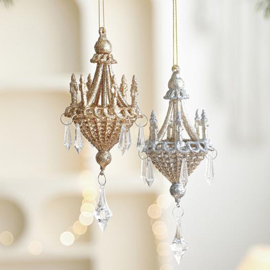 Glitter Chandelier Ornament 7 Inch Sparkling Acrylic Chandelier Christmas Tree Ornaments with Faux Crystal for Trees Doors Holiday Home Decor