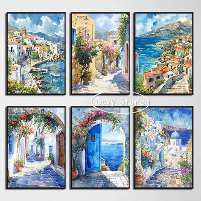 Santorini Canvasmålning Grekisk Konsttryck Grekland Resa Landskap Akvarellaffisch Väggkonst Bild för Vardagsrum Heminredning