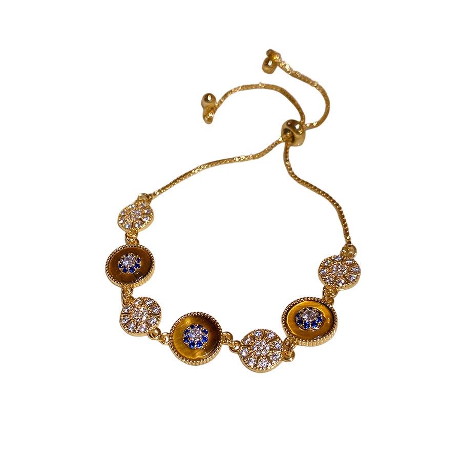 18K Gold Plated Geometric Tiger's Eye Bracelet with Zircon, Vintage Autumn Winter Style, Light Luxury Jewelry.