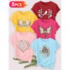 Five-piece set Elegant short-sleeved shirt for women Retro Butterfly and Mysterious Plant Series Printed Round Neck Women's Short Sleeve Shirt