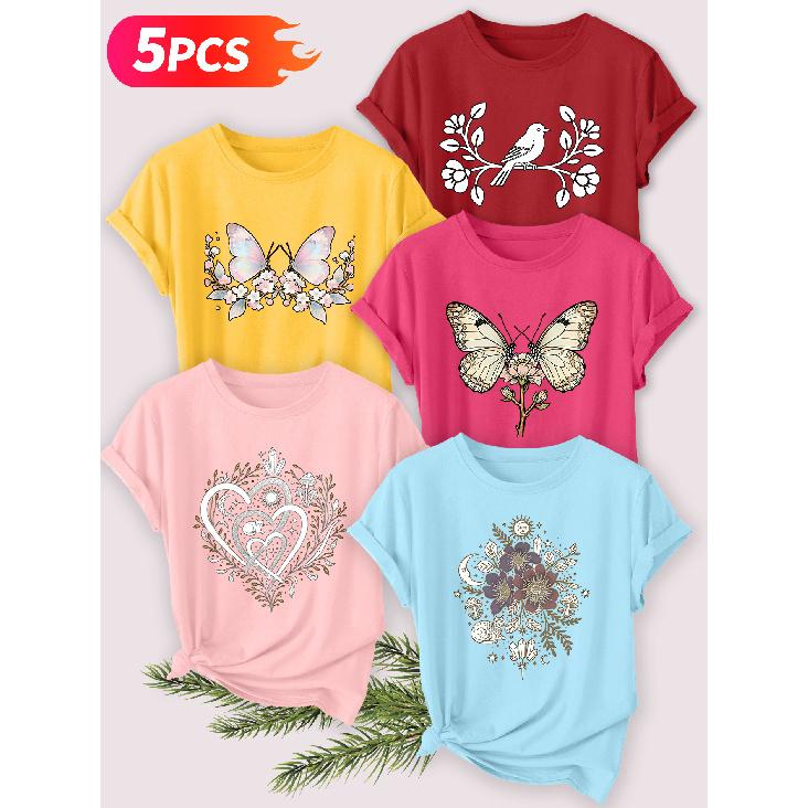 Five-piece set Elegant short-sleeved shirt for women Retro Butterfly and Mysterious Plant Series Printed Round Neck Women's Short Sleeve Shirt