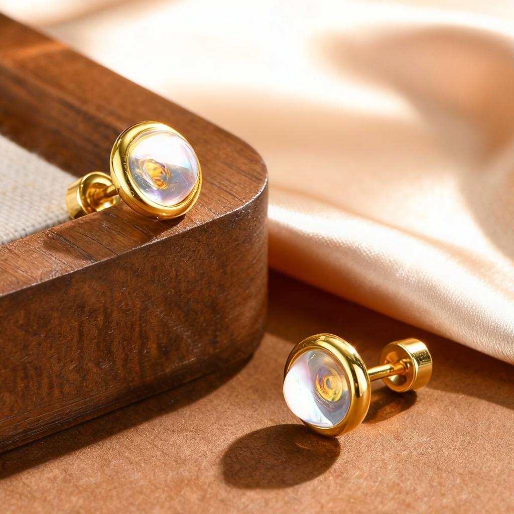 Exquisite Round Moonstone Stud Earrings for Women, Hypollergenic Stainless Steel Small Earrings, Elegant Aesthetic Jewelry Gifts