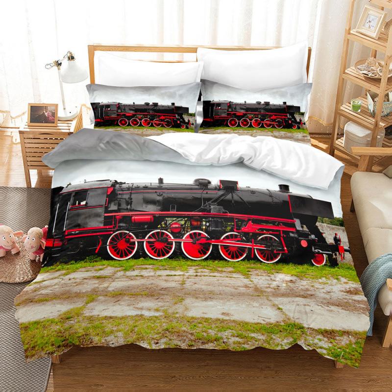Steam Locomotive, Old-Fashioned, Shabby Train, Transportation, Digital Printing, Three-Piece Bed Sheet