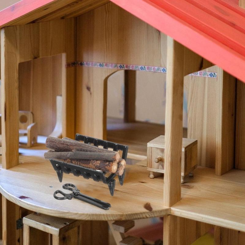 Realistic Miniature Firewood Display Set For 1/12 Scale Dollhouses Includes Rack And Fire Tongs Craft Model Decoration
