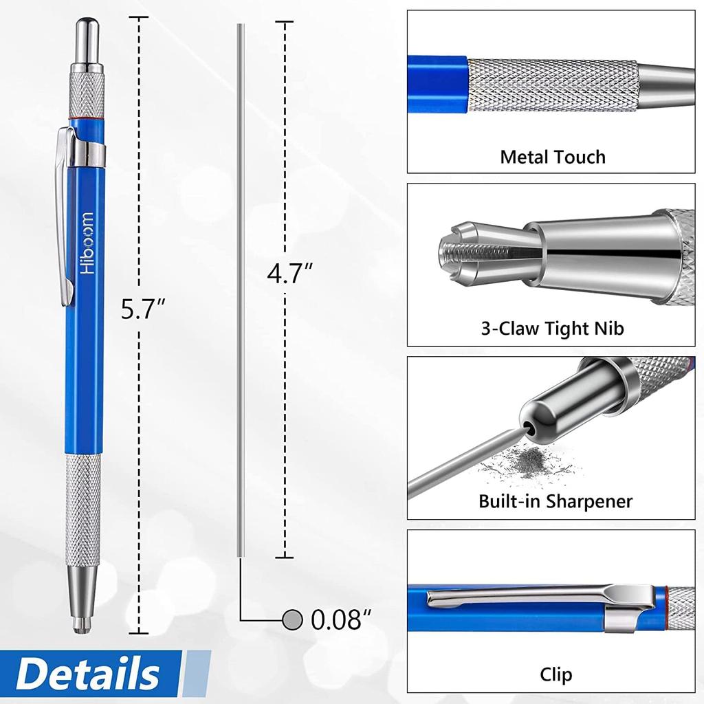 Hiboom 2 Pcs Welders Pencil with 24 Pcs Silver Round Refills, Mechanical Pencils Metal Marker with Built in Sharpener for Pipe Fitter Welder Steel