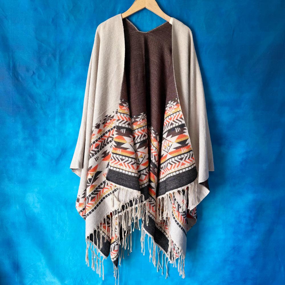 

Богемська етнічна шаль-накидка для жінок - Осінньо-зимовий дорожній верхній одяг бежевий/кавовий