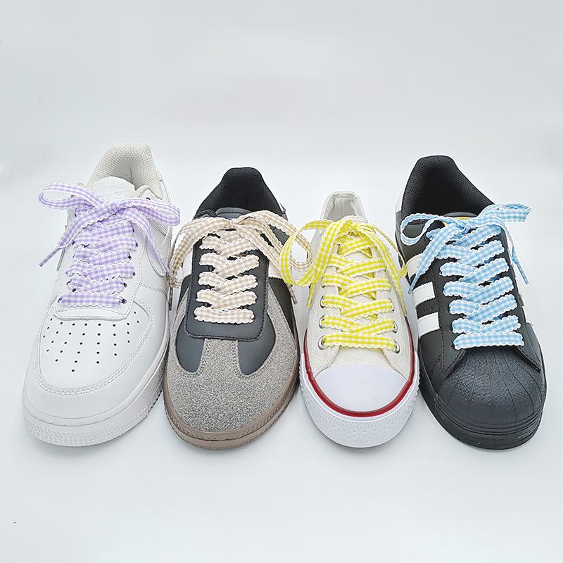 Scalloped Edge Gingham Shoelaces 1.2cm Width Ruffled Plaid Ribbon Laces Multicolor Anti-Slip Knot Decor Strings for Casual Shoes