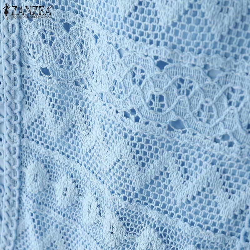 ZANZEA Women Casual Round Neck Short Sleeve Loose Crochet Patchwork Blouse