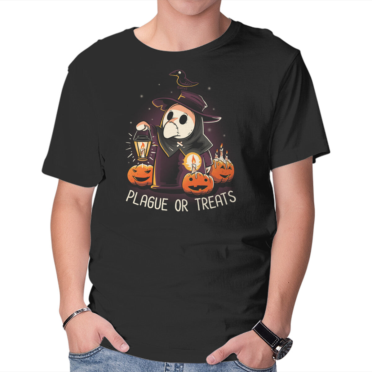 Unisex Crew Neck T-Shirt Plague Or Treats Graphic Short Sleeve Casual Tee XS