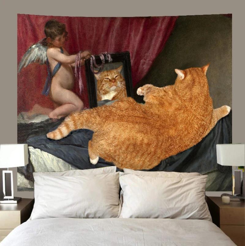 Giant Cat Tapestry Wall Hanging Surreal Humor Orange Room Window Funny Kitty Illustration Aesthetic Wall Art Decor